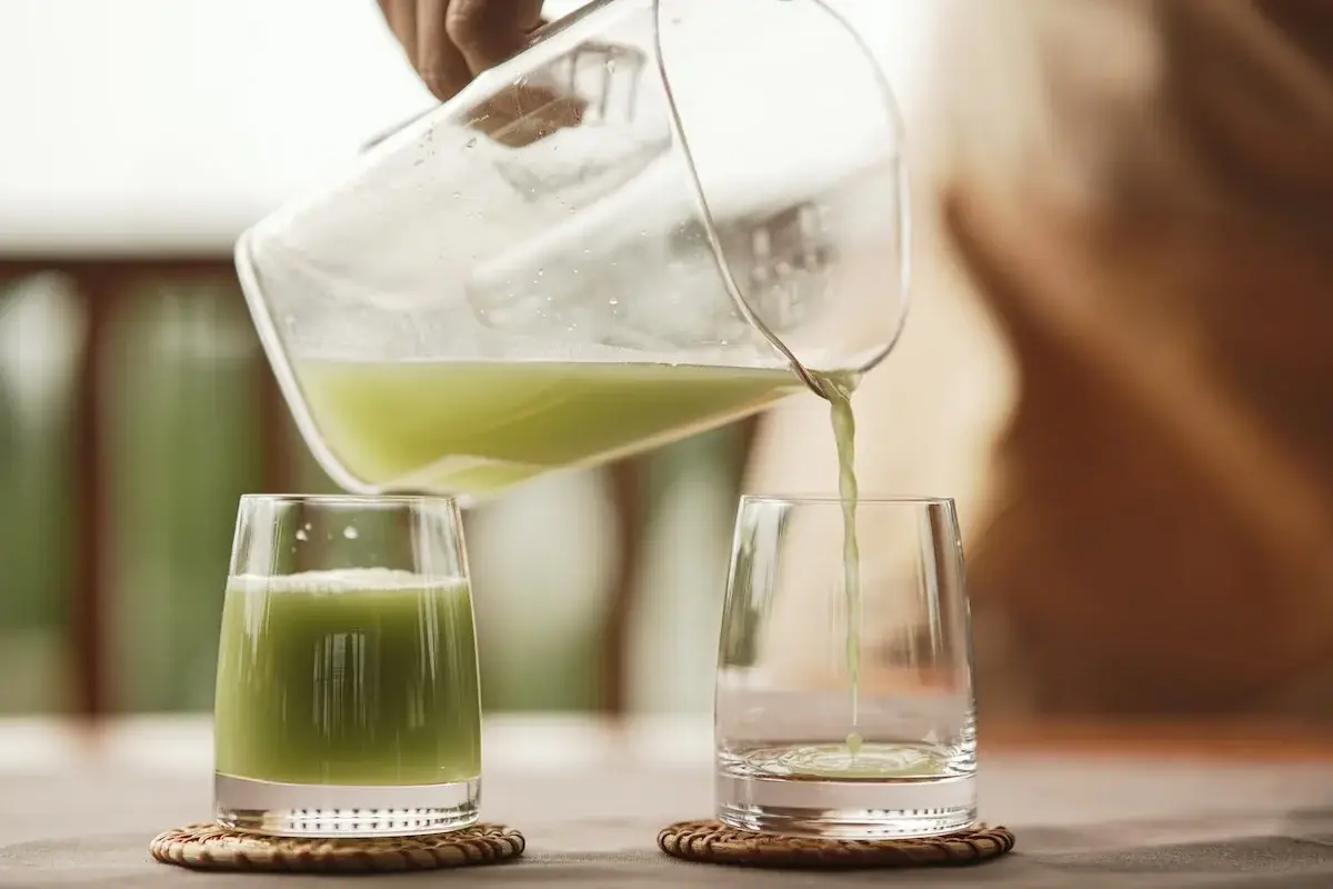 Fresh green juice being poured for fasting guests