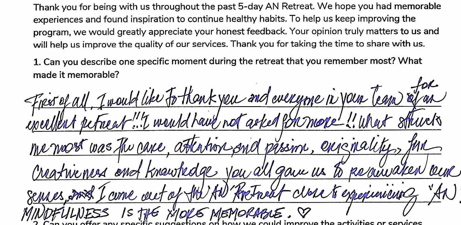Handwritten excerpt from Julie F. Camesa's An Retreat feedback