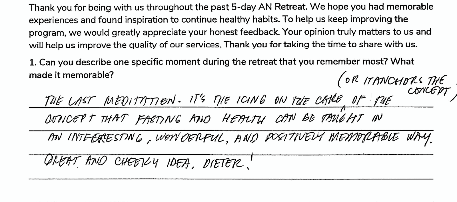 Handwritten excerpt from Peter Quilendrino's An Retreat feedback