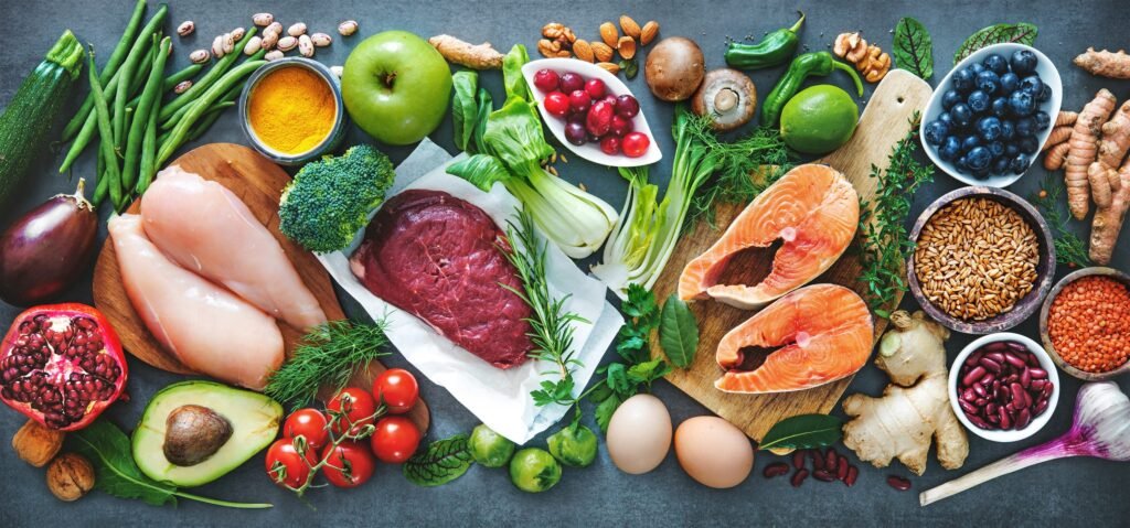 Colourful plate of fresh fruit and vegetables for healthy ageing