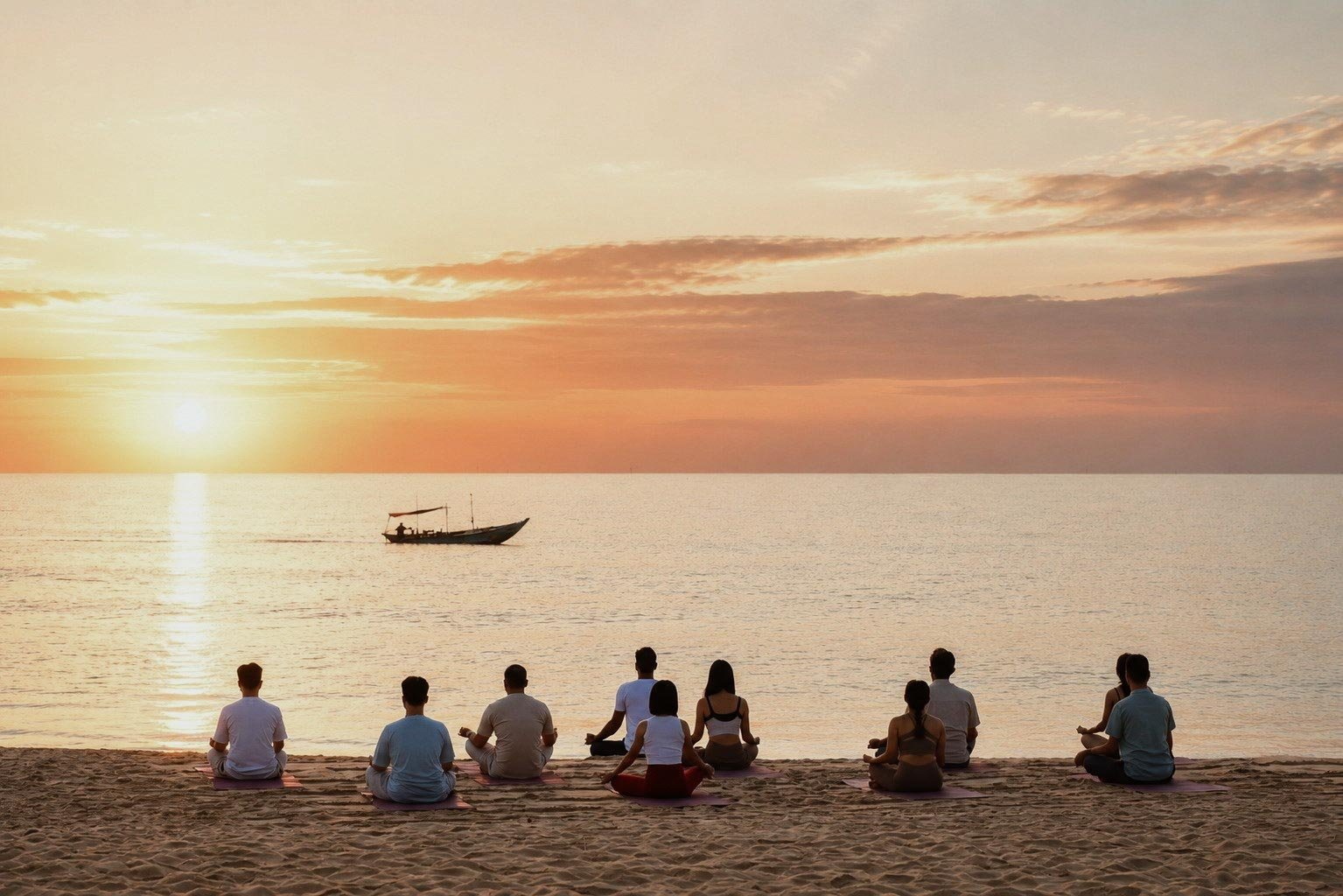 Guests beginning the day with guided movement beside the sea