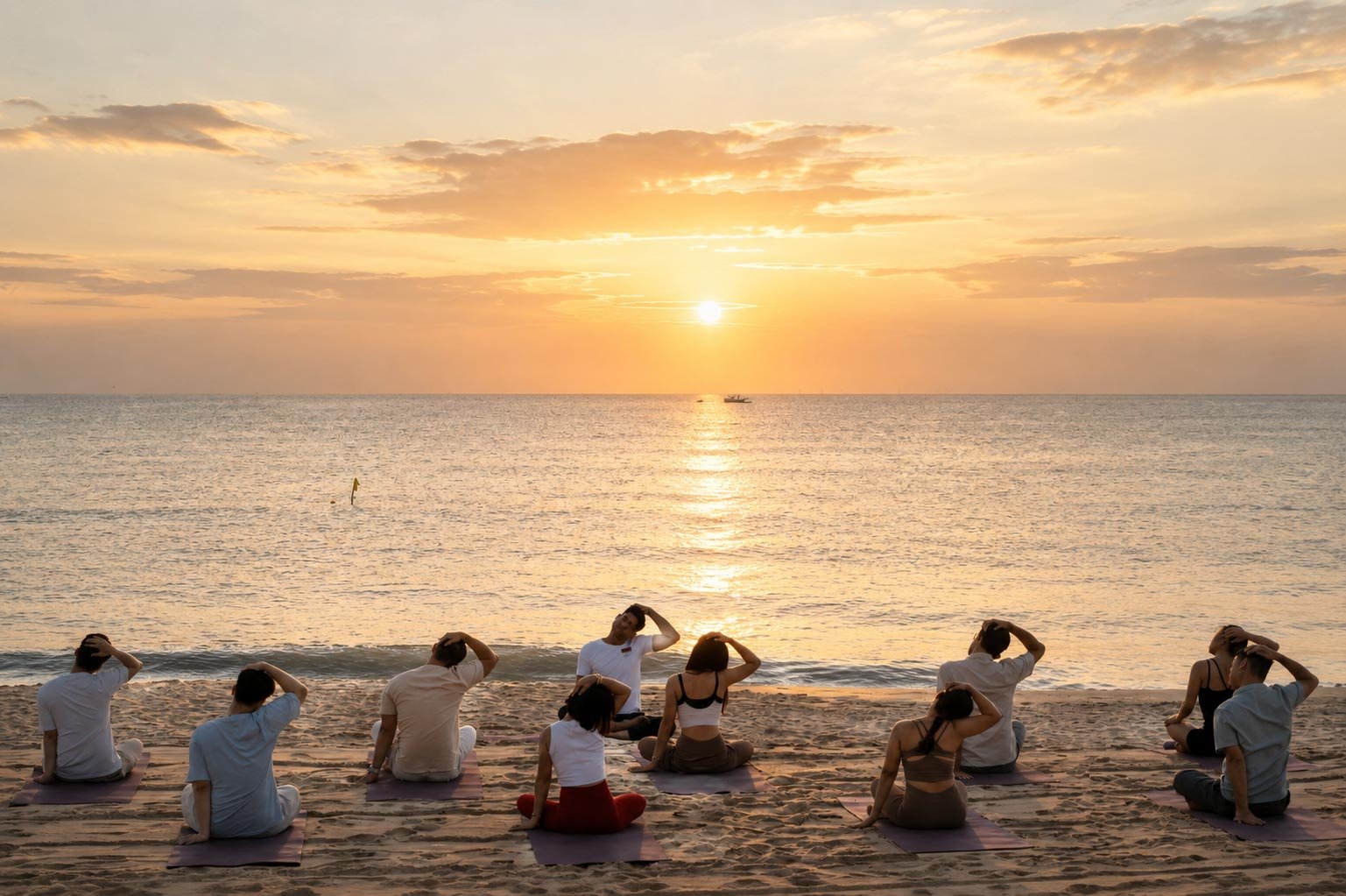Guests moving quietly by the sea during Hồi Retreat