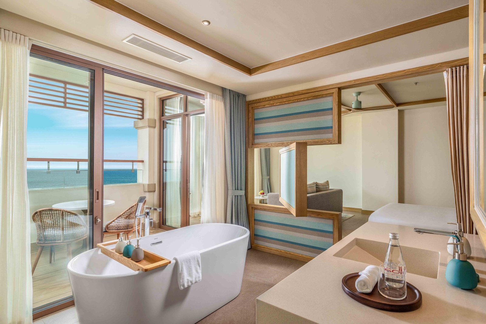 Private bathroom and freestanding bathtub in the Ocean View Suite